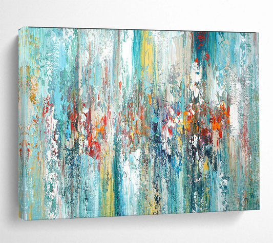 “Turquoise Cascade” - Blues, greens, pops of red/orange; vertical, flowing abstract forms CT1515