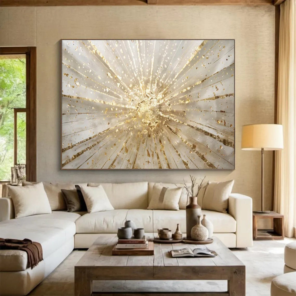 “Golden Burst of Light” - Whites, golds; radiating golden lines and splatters CT1615