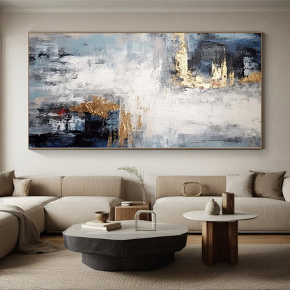 “Blue - Gray - Gold Abstract Mist” Minimalist Acrylic Art CT0237