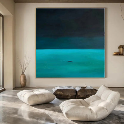 “Dark Blue - Teal Sea with Boat” Minimalist Acrylic Art CT0194