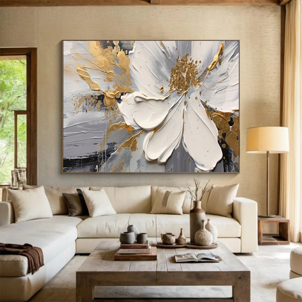 “Gilded Floral Elegance” – Whites, grays, golds in thick, textured flower petals CT1703