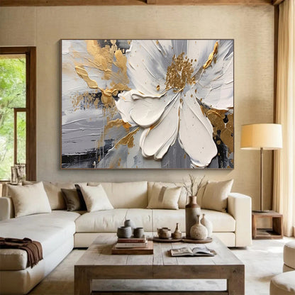 “Gilded Floral Elegance” – Whites, grays, golds in thick, textured flower petals CT1703
