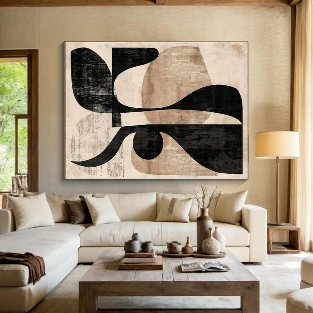 “Black & Beige Abstract Shapes: Retro Geometry” - Abstract Geometric Painting CT0385