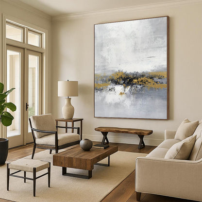 “Grey - White Abstract with Gold Horizons”，Abstract Landscape Painting CT0380