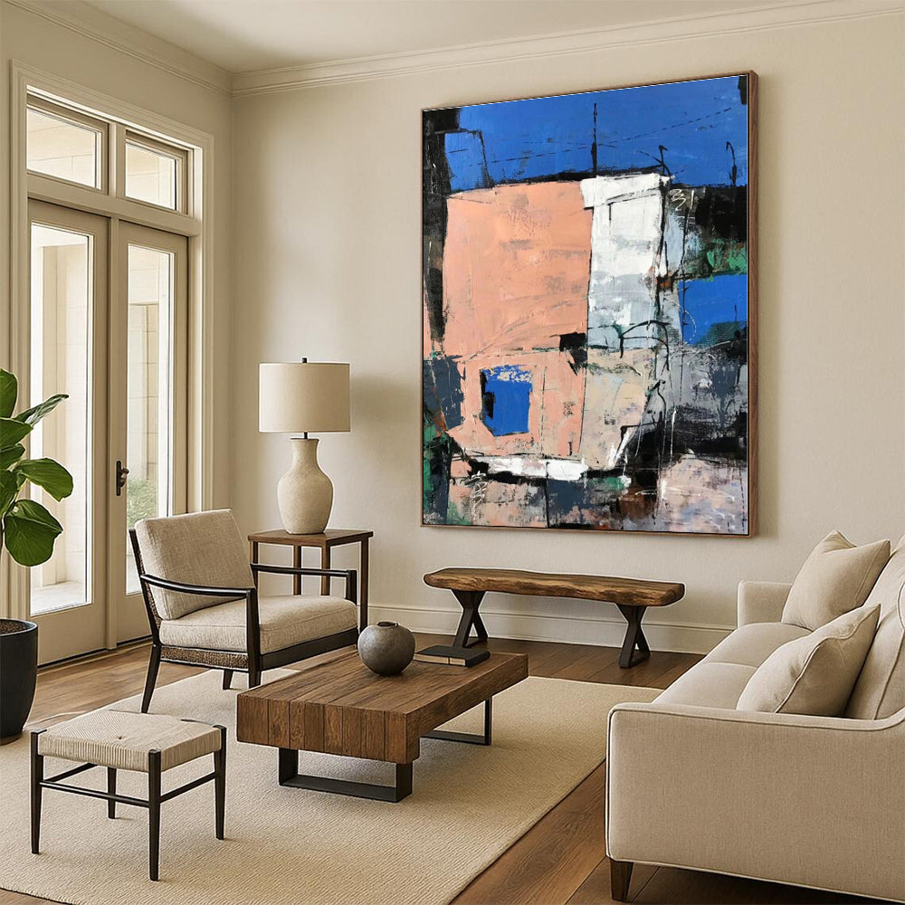 “Blue - Peach Urban Abstraction” - Abstract Cityscape Art CT0468