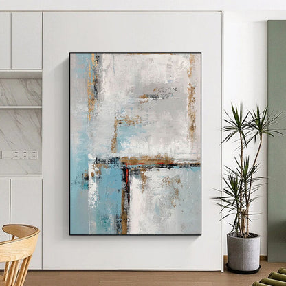 “Blue - White Abstract with Gold Edges”，Minimalist Abstract Painting CT0375