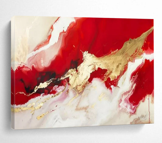“Red - Gold Fluid Abstraction” - Reds, whites, golds; flowing, metallic - accented color waves CT1614