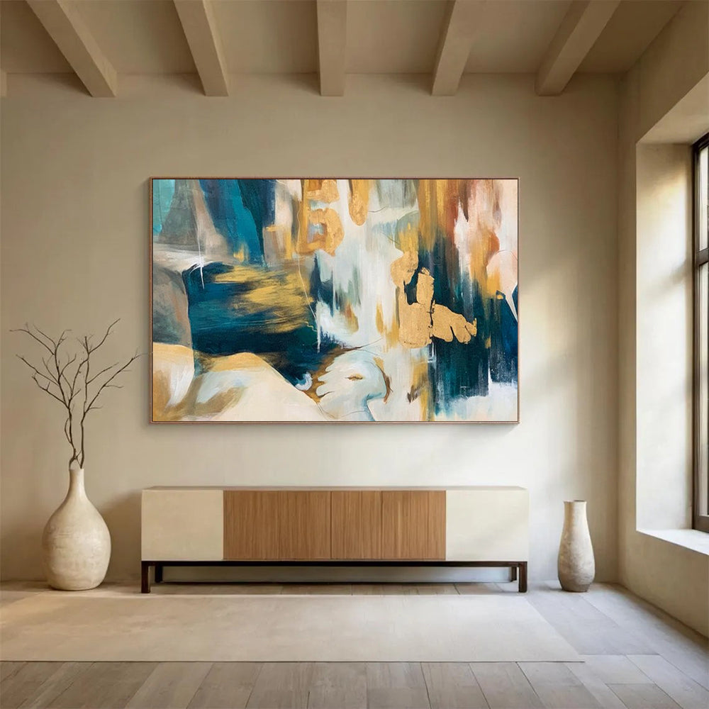 “Teal - Gold Dreamscape” - A dreamy abstract of teal, gold, and white CT1636