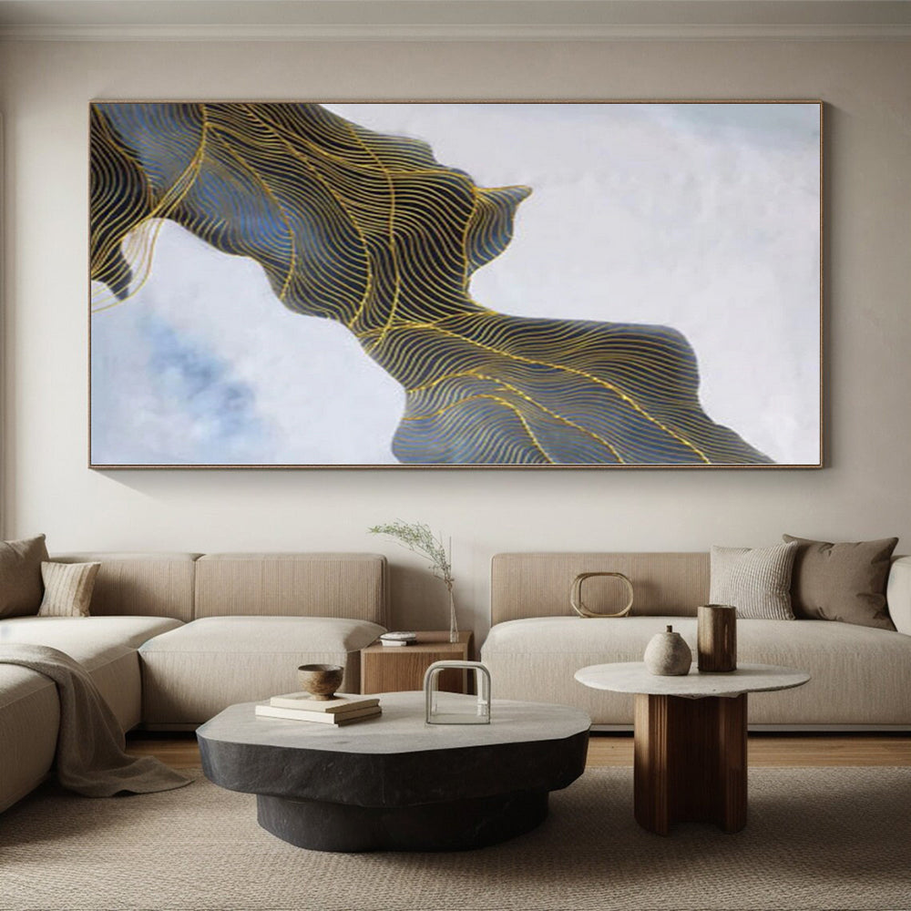 “Blue and Gold Wavy Lines”，Line - Driven Abstract Painting CT0357