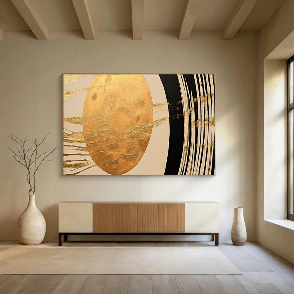 “Golden Orb & Stripes” – Abstract Minimalist Acrylic Painting CT1712