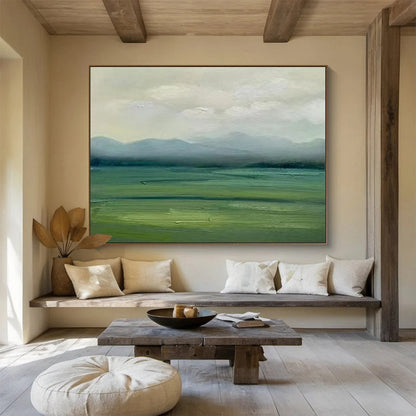 Misty Green Field & Distant Mountains - Landscape Oil Painting CT1785
