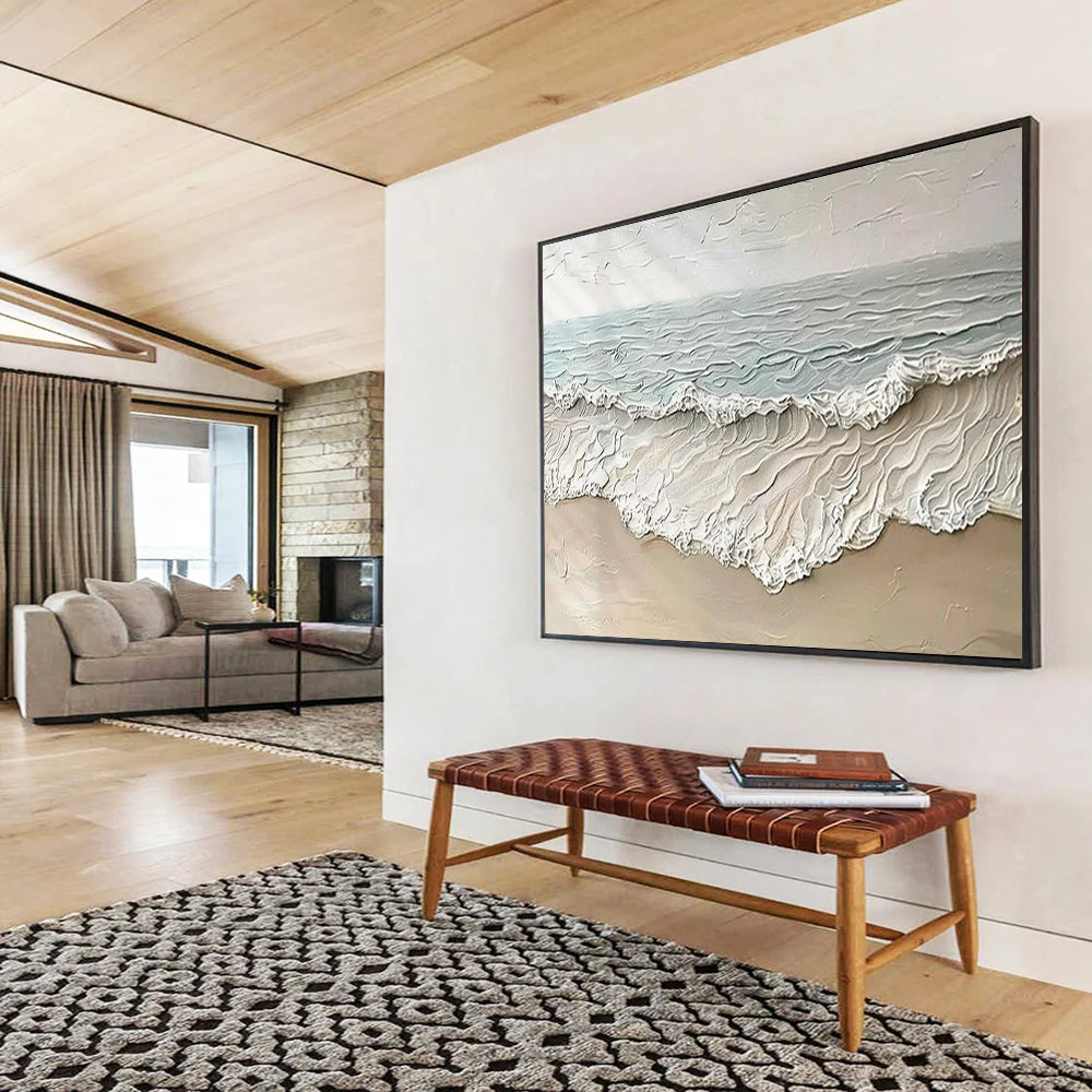 “Textured Beach Waves” - Beige, blue, white; thick, 3D - like beach scene CT1581