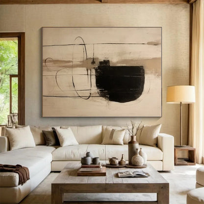 “Minimalist Black and Beige Forms”，Abstract Line - Driven Acrylic Painting CT0526