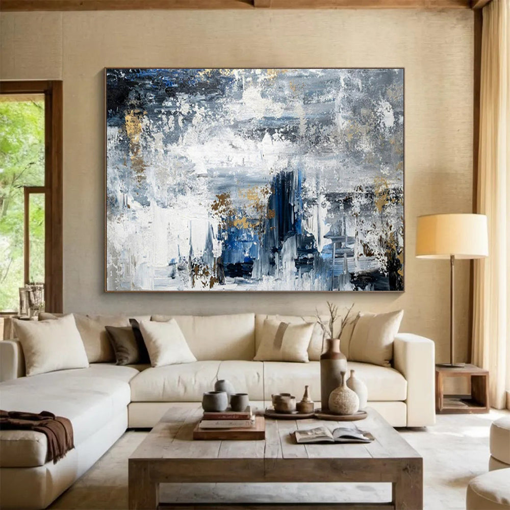 “Blue - Gray Gold Abstract” - Blues, grays, golds; textured, moody abstraction with gold accents CT1623