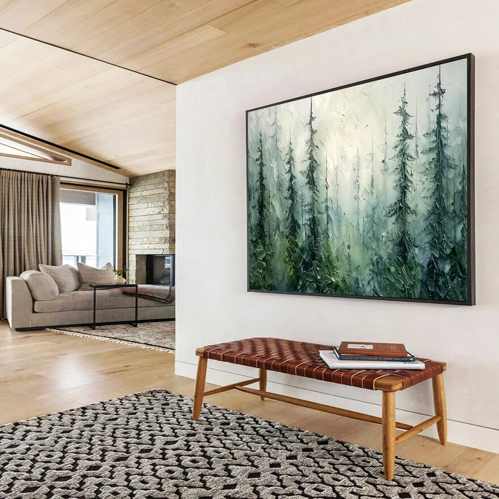 “Misty Forest Whispers” - Greens, blues, whites; textured, atmospheric forest scene CT1600