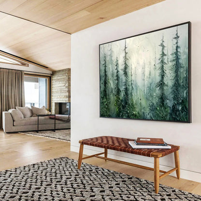 “Misty Forest Whispers” - Greens, blues, whites; textured, atmospheric forest scene CT1600