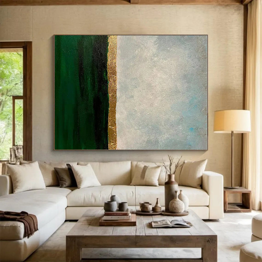 “Gold - Green - Grey Sea Horizon”，Minimalist Seascape Art CT0644
