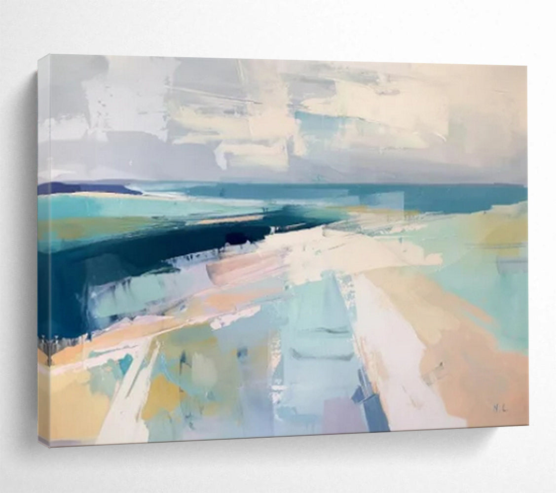 “Cool Coastal Abstract” - Shades of blue, gray, and white; abstract shapes evoking a coastal landscape CT1543
