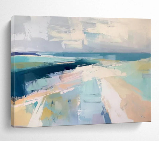“Cool Coastal Abstract” - Shades of blue, gray, and white; abstract shapes evoking a coastal landscape CT1543