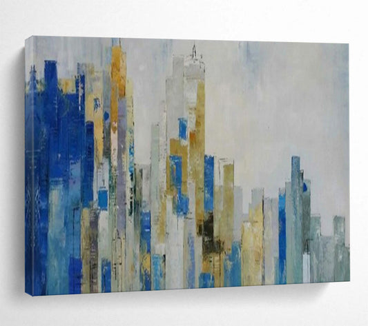 Abstract cityscape with blue, gold, and gray tones CT1659