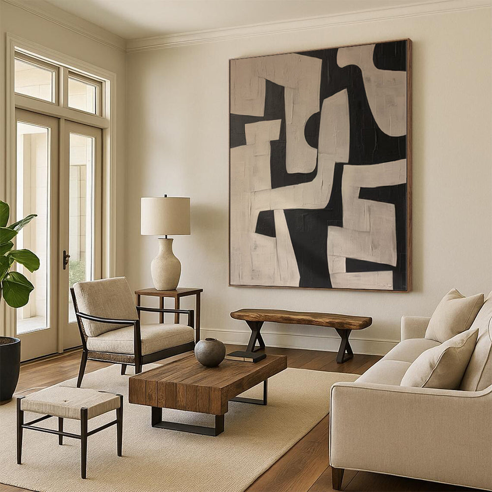 “Geometric Contrast” - Abstract Painting with Black, White Shapes CT0100