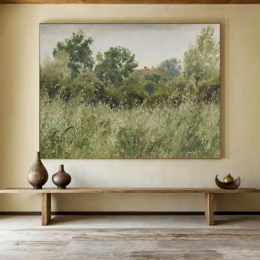 “Summer’s Secret” - Vivid greens, soft yellows; dense foliage hiding a distant house CT1490
