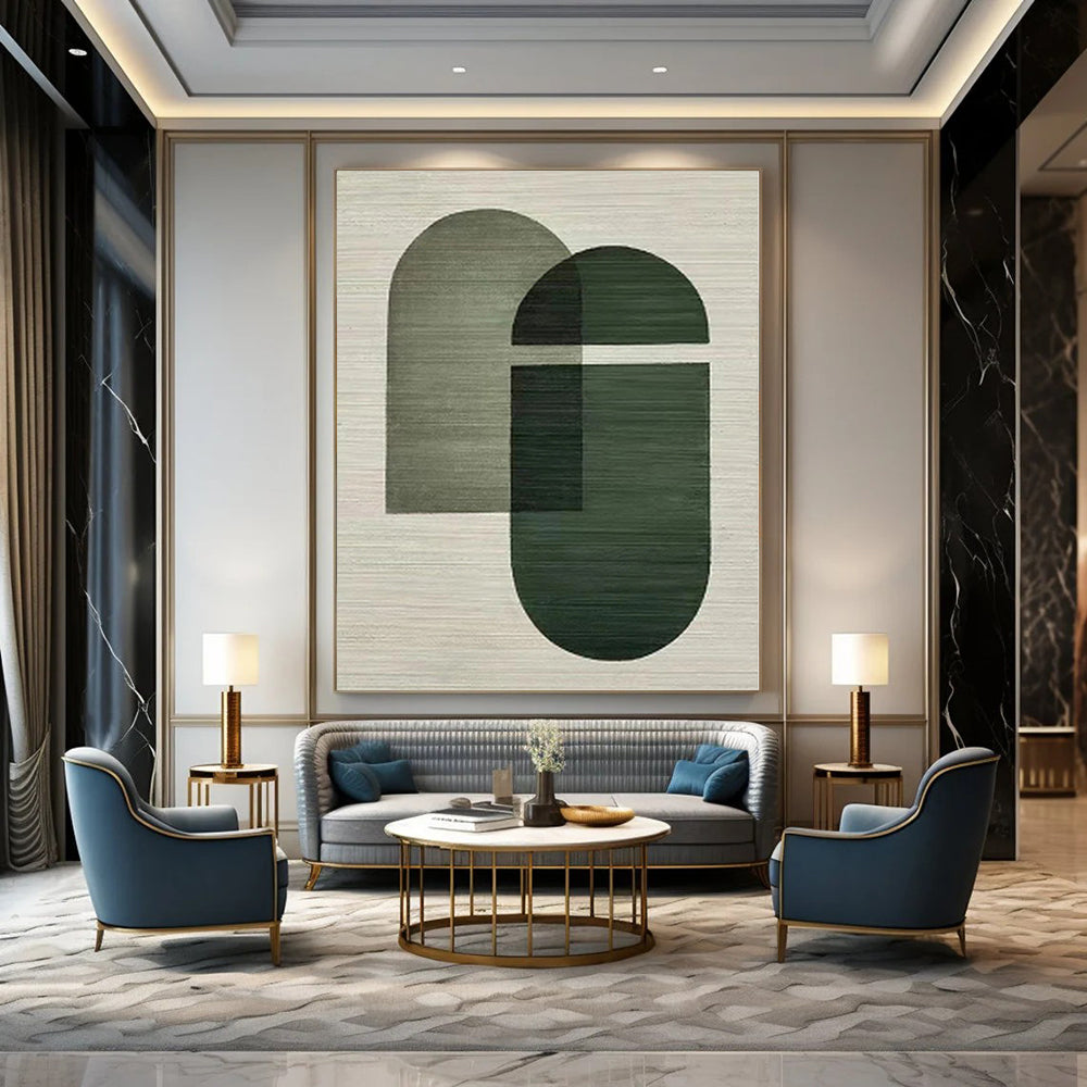 “Olive and Dark Green Geometric Overlaps” Minimalist Acrylic Art CT0165