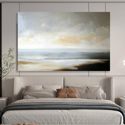 “Muted Coastal Calm” – Grays, beiges, soft blues painting a serene, minimalist seascape CT1701