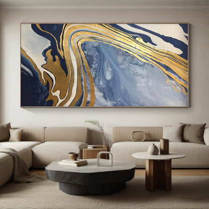 “Blue - Gold Marble Flow”，Abstract Geometric Resin Art CT0555