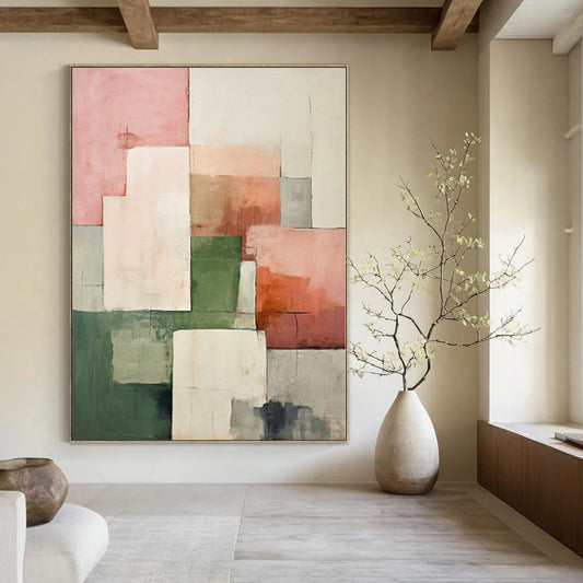 “Pink - Green - Gray Geometric Blocks” Modernist Acrylic Art CT0191