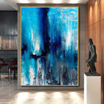 “Blue Cascade Abstraction” - Abstract Acrylic with Shades of Blue, Black, White CT0024