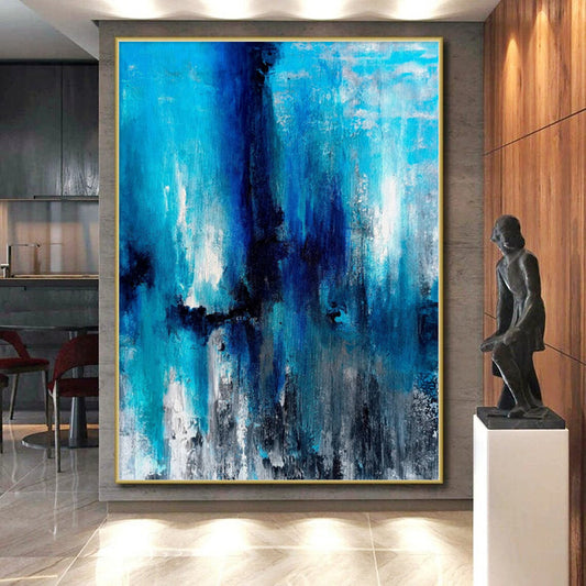 “Blue Cascade Abstraction” - Abstract Acrylic with Shades of Blue, Black, White CT0024
