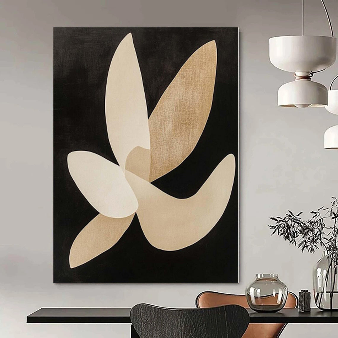 “Beige - Black Elegant Petals” Abstract Acrylic Painting CT0138