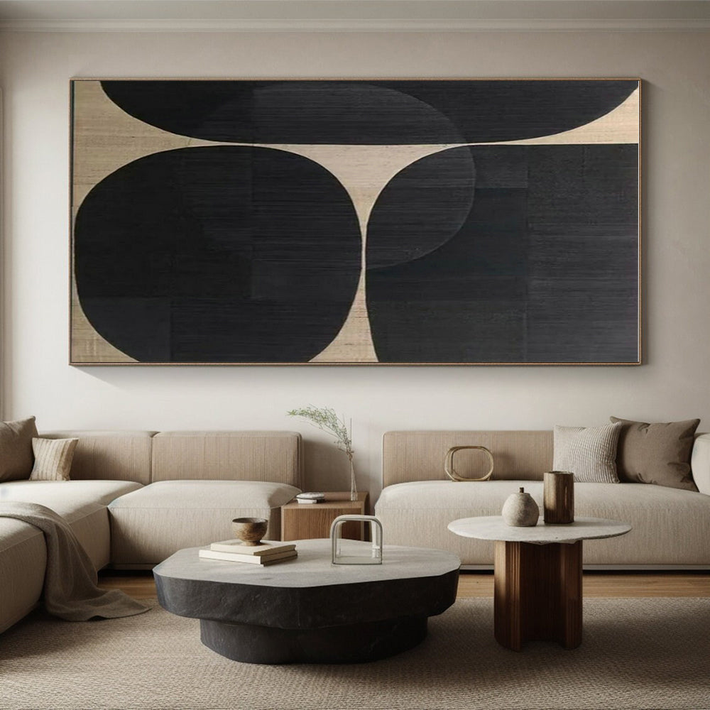 “Black Circles & Beige - Gold Weave”，Hard - Edge Abstract Art CT0595