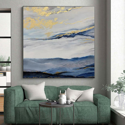 “Blue - White Clouds with Gold Streaks”，Abstract Landscape Acrylic Painting CT0584