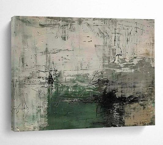 “Muted Chaos” - Gray, white, green; rough, overlapping brushstrokes CT1577