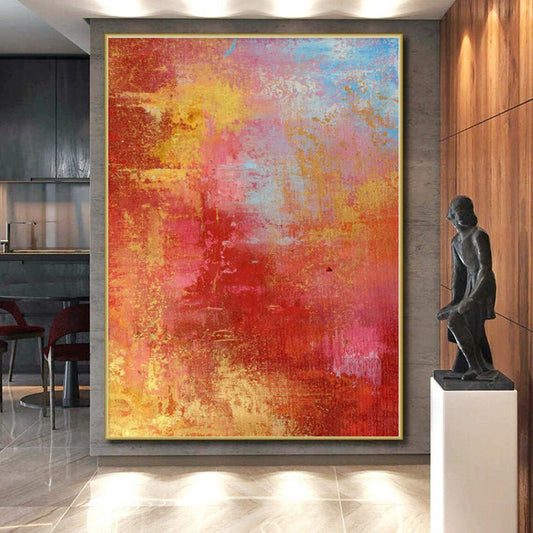 “Crimson Gold Fiesta” - Abstract Art with Red, Gold, Yellow, Blue CT0022
