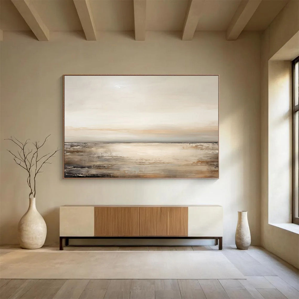 “Beige Sea Horizon” - Beige, gray, white; soft, muted seascape with gentle waves CT1572