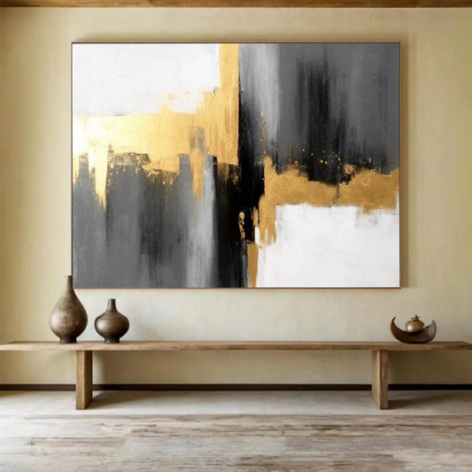 “Hand - painted Gold - Accented Abstraction” - Minimalist abstract with gold, gray, and white CT1648