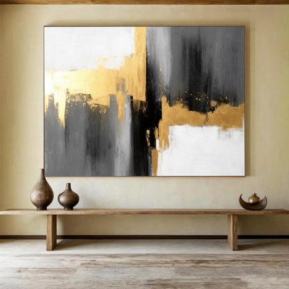 “Hand - painted Gold - Accented Abstraction” - Minimalist abstract with gold, gray, and white CT1648