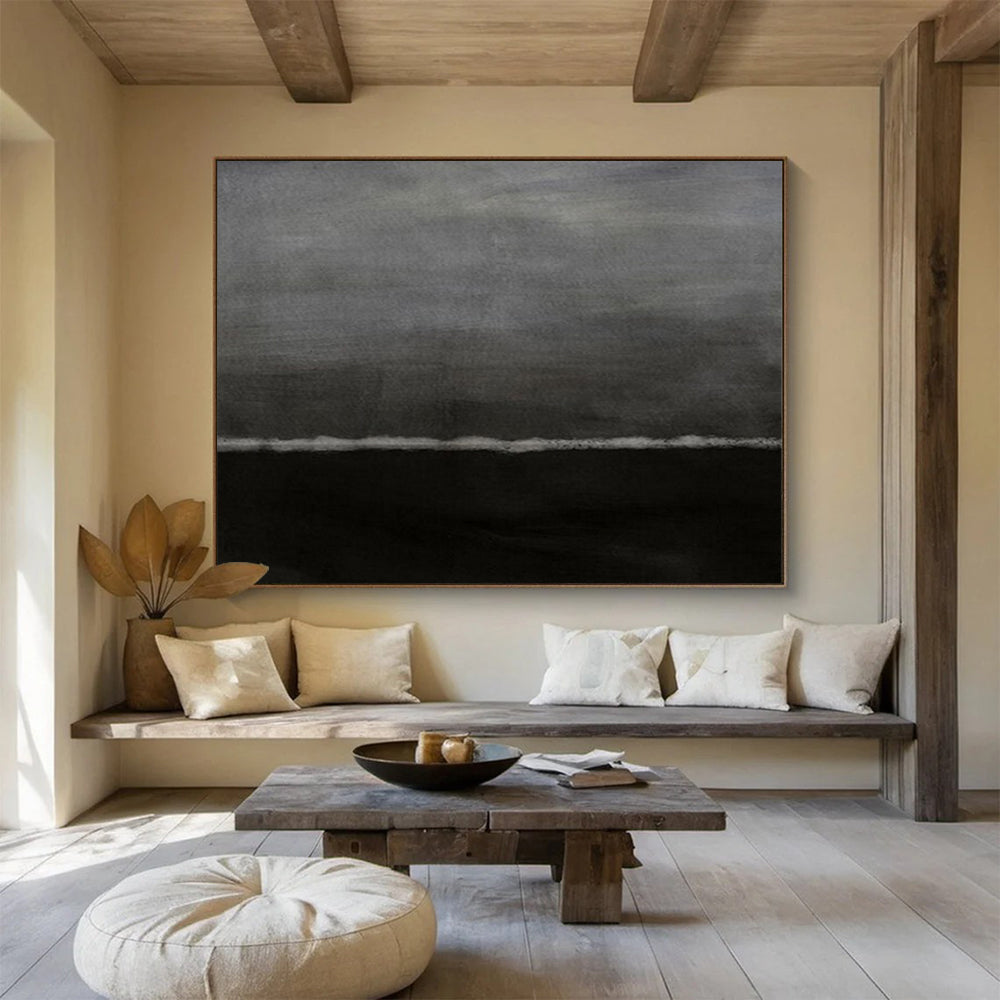 “Dark Horizons” - Deep grays, blacks, subtle white line; minimalist, moody landscape - like abstraction CT1517