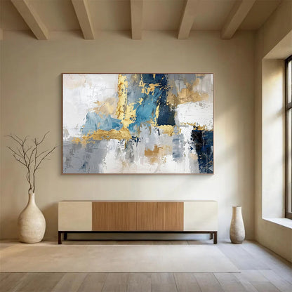 “Gold - Accented Urban Abstract” - Blues, grays, golds; bold, textured geometric abstraction CT1602