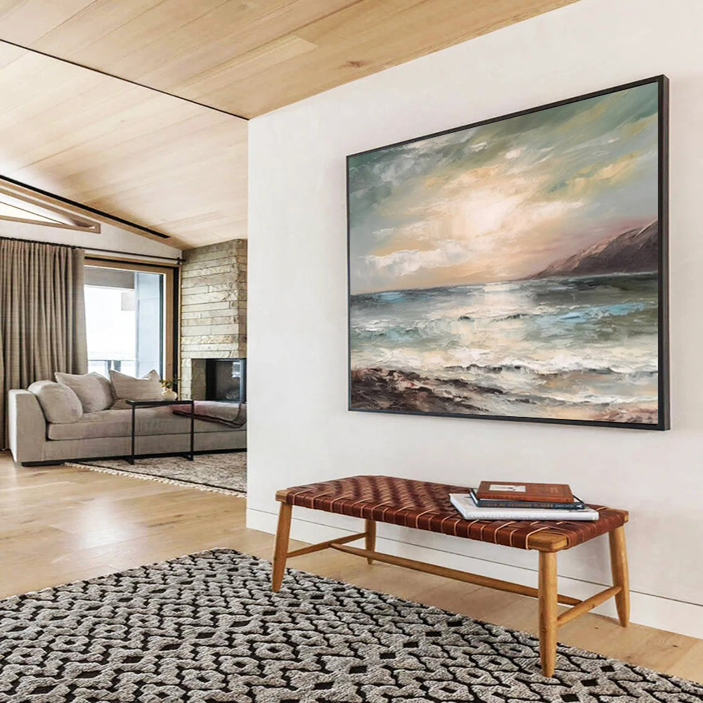 “Sunset Ocean View” - Hues of blue, green, beige, and warm sunset tones; a soft, painterly ocean under a glowing sky CT1546