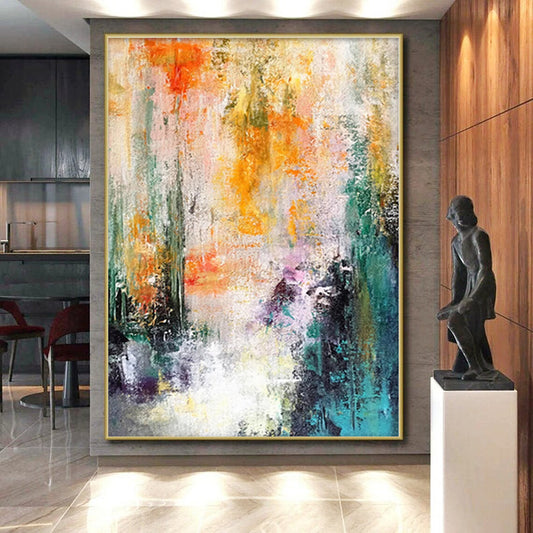 “Sunset Streams” - Abstract Art with Orange, Yellow, Green Vertical Strokes CT0006