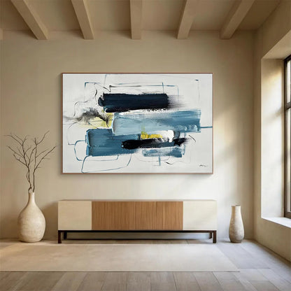“Blue - Black Abstract Mix” - Blue, black, white, yellow; abstract shapes and lines CT1561
