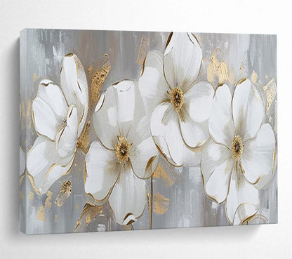 “Hand - painted White Flowers with Gold” - White flowers and gold accents on gray CT1653