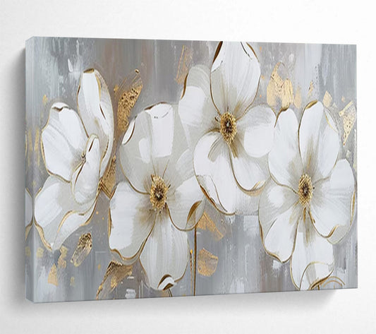 “Hand - painted White Flowers with Gold” - White flowers and gold accents on gray CT1653