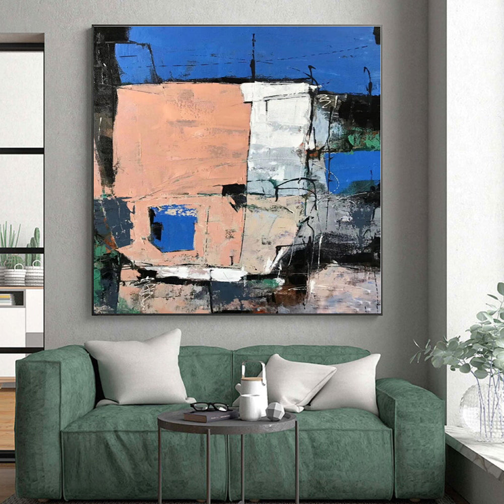 “Blue - Peach Urban Abstraction” - Abstract Cityscape Art CT0468