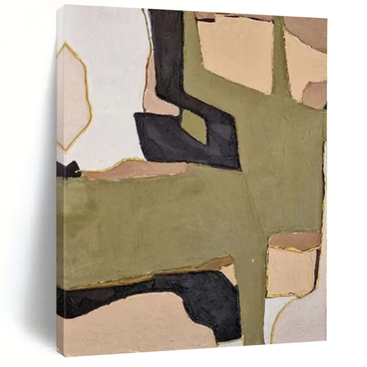 “Olive, Black, and Beige Geometric Collage” Mixed - Media Art CT0169