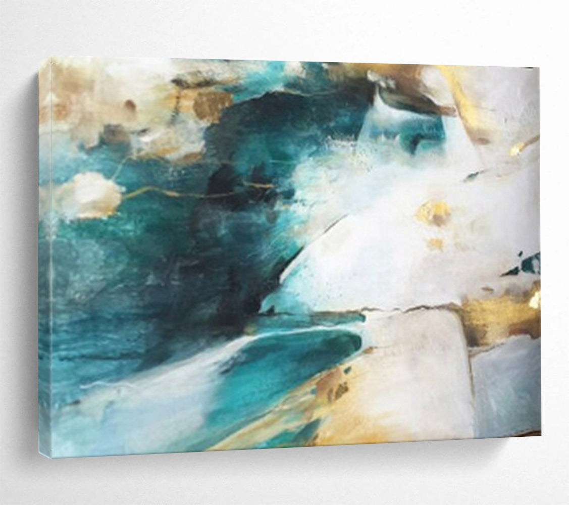 “Teal - Gold Flow” - Interwoven teal, gold, and white in a fluid abstract CT1635